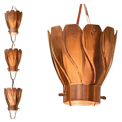 Copper 8.5 Ft Rain Chain with 14 Floral Petal Cups Handcrafted Decorative Gutter Water Guide