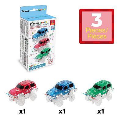 PicassoTiles 3 Car Set, For Magnetic Tile Racetrack, Building Block for Kid Age 3 & Up, PTE06