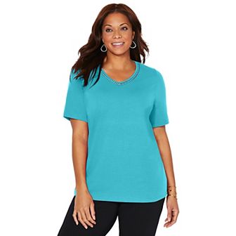 Catherines Women's Plus Size Petite Suprema Crochet V-Neck Tee