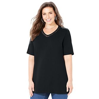 Catherines Women's Plus Size Petite Suprema Crochet V-Neck Tee
