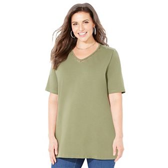 Catherines Women's Plus Size Petite Suprema Crochet V-Neck Tee