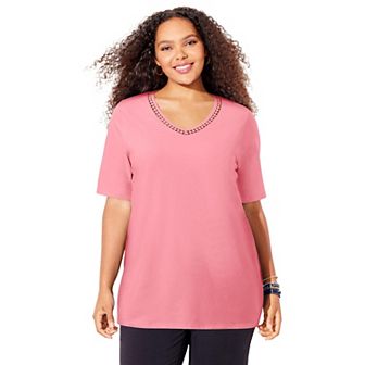 Catherines Women's Plus Size Petite Suprema Crochet V-Neck Tee