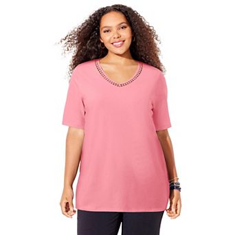 Catherines Women's Plus Size Petite Suprema Crochet V-neck Tee
