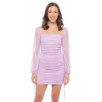 Juniors' Jump Apparel Glittery Sheer Sleeved Bodycon Squareneck Mini Dress