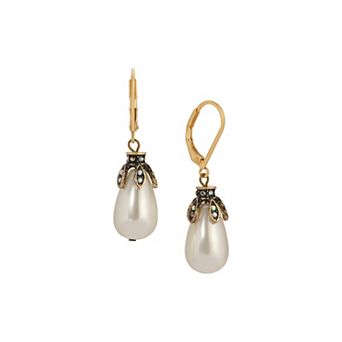 1928 Gold Tone Crystal & Simulated Pearl Teardrop Drop Earrings