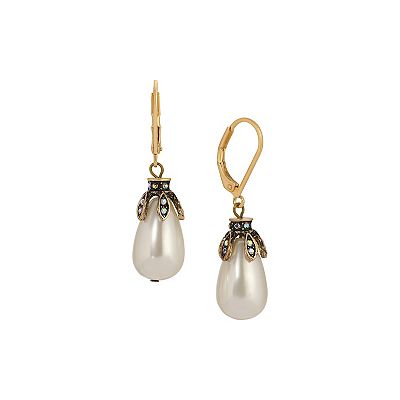 1928 Gold Tone Crystal Simulated Pearl Teardrop Drop Earrings