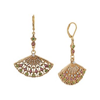 1928 Gold Tone Crystal & Simulated Pearl Fan Drop Earrings