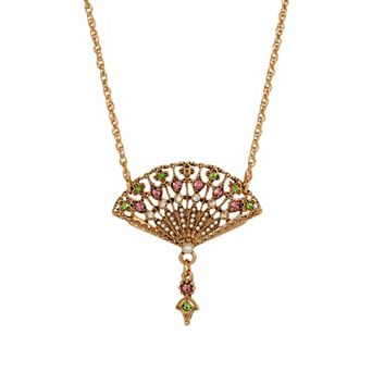 1928 Gold Tone Crystal & Simulated Pearl Fan Necklace