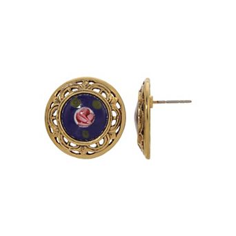 1928 Gold Tone Filigree Rose Stud Earrings