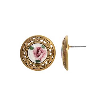 1928 Gold Tone Filigree Rose Stud Earrings