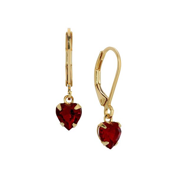 1928 Gold Tone Crystal Heart Drop Earrings - Red