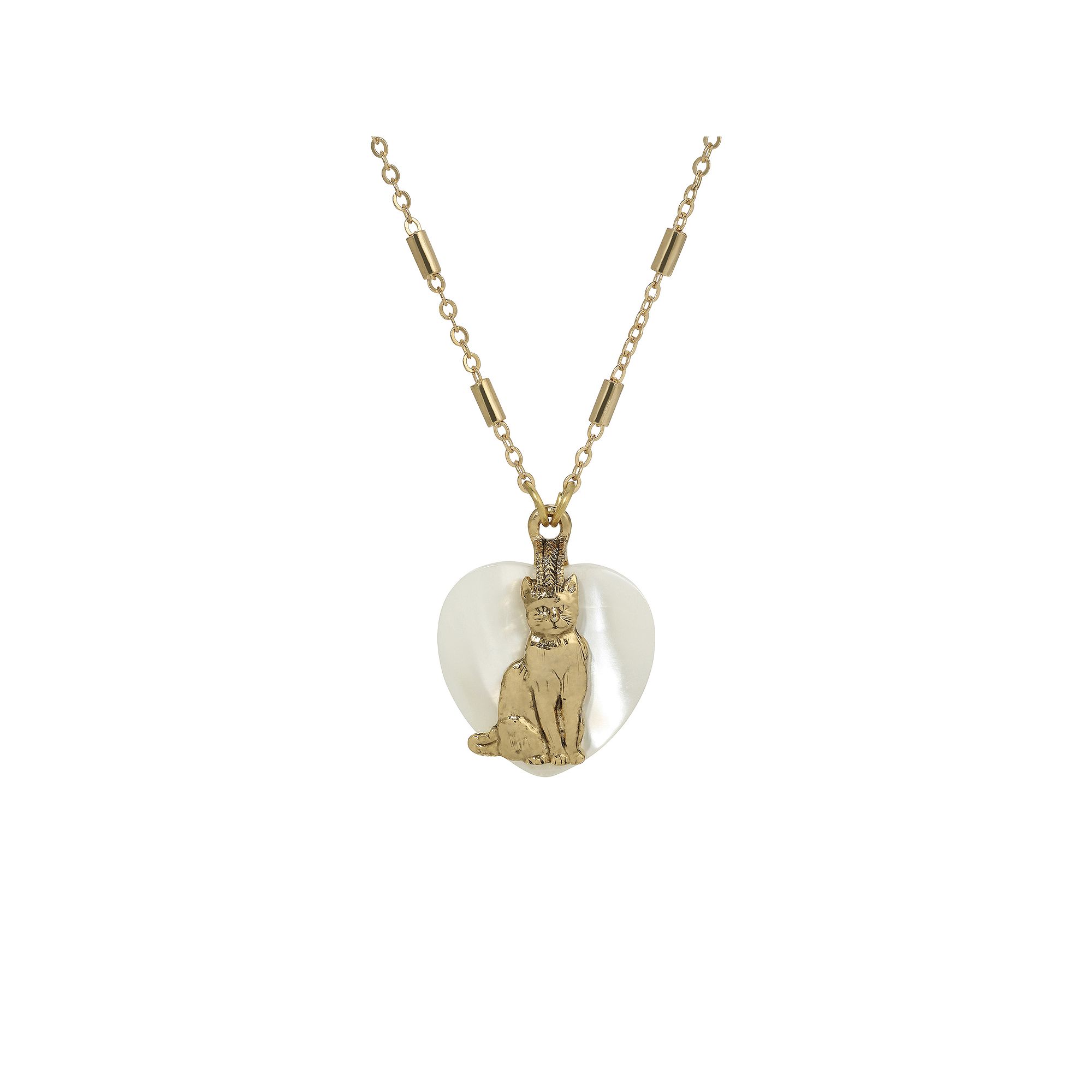 1928 Cat Mother of Pearl Heart Pendant Necklace, Womens, Gold White