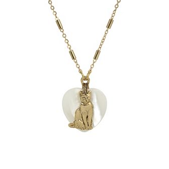 1928 Cat Mother of Pearl Heart Pendant Necklace