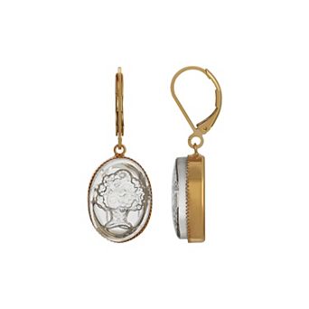 1928 Gold Tone Oval Flower Stone Earrings