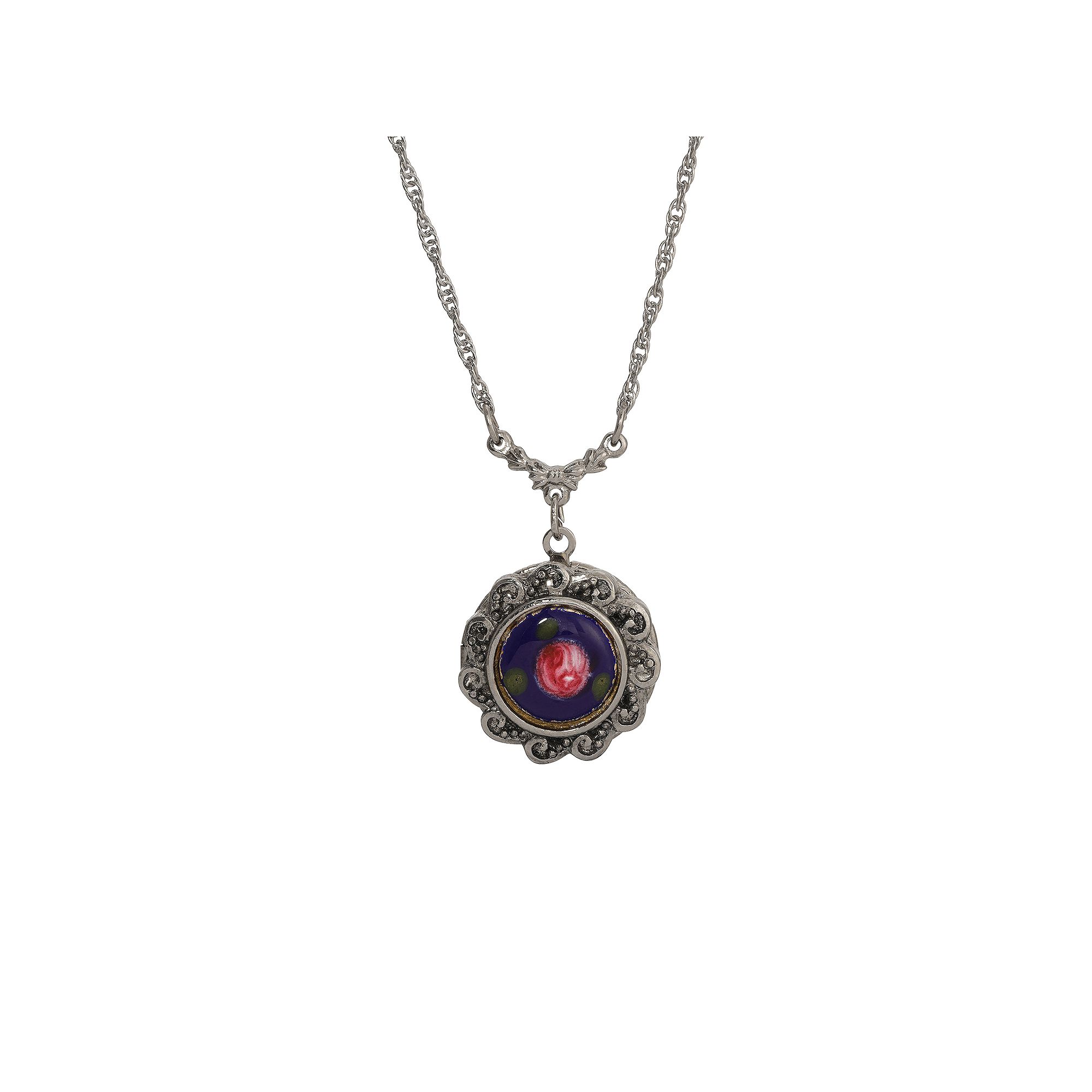 1928 Pink Rosebud Round Locket Necklace, Womens, Blue