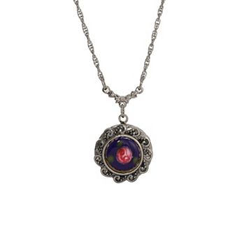 1928 Pink Rosebud Round Locket Necklace