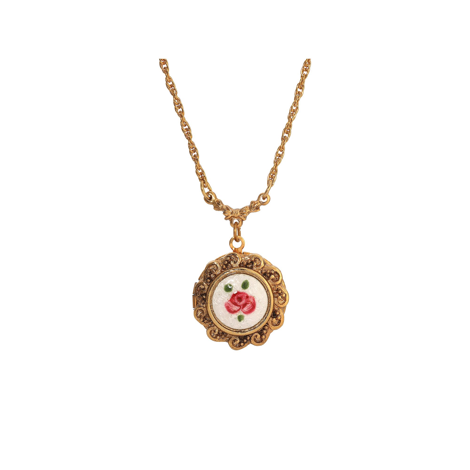 1928 Pink Rosebud Round Locket Necklace, Womens, White