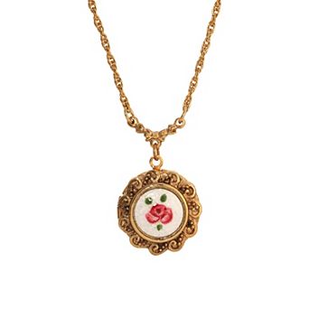 1928 Pink Rosebud Round Locket Necklace