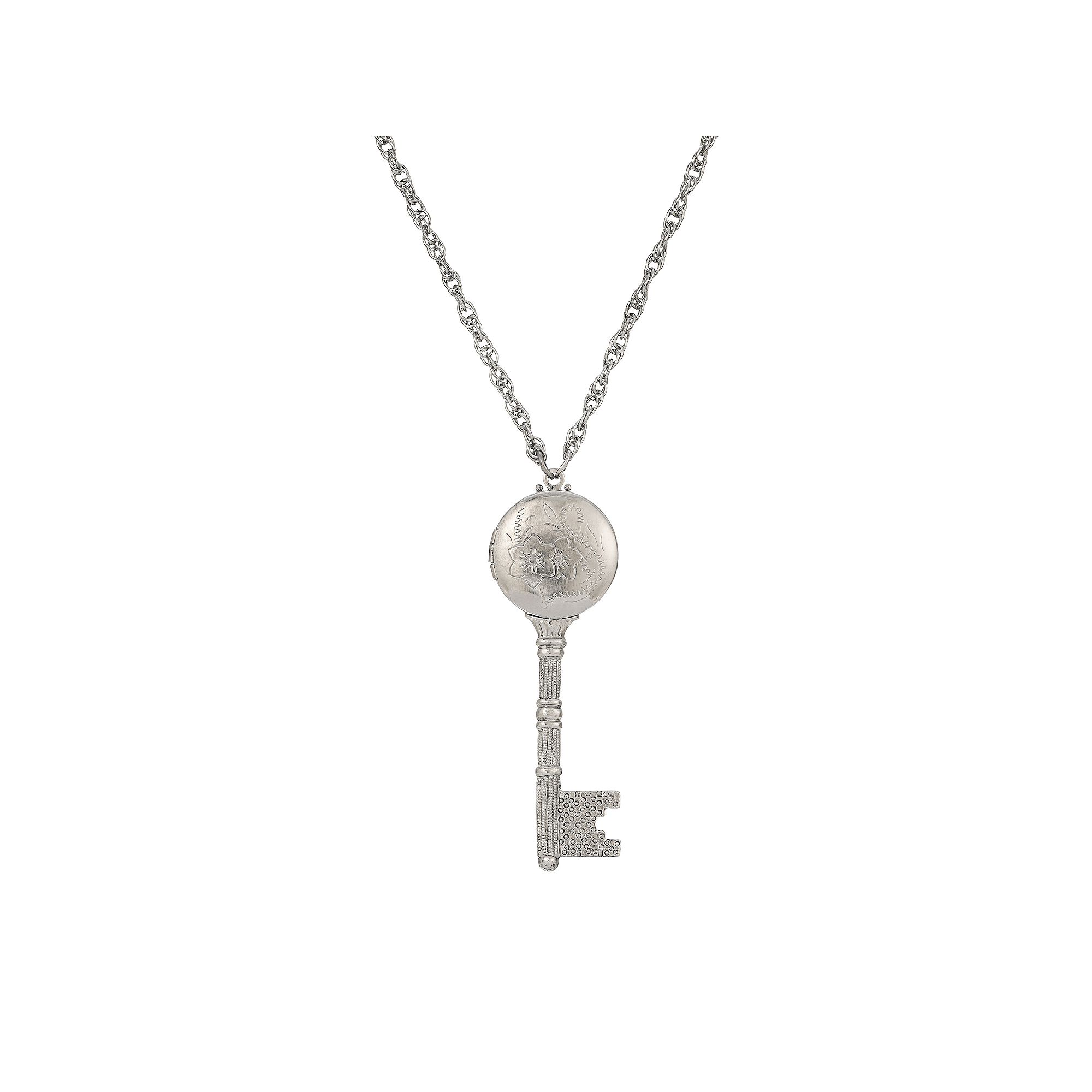 1928 Key Floral Locket Necklace, Womens, Gray