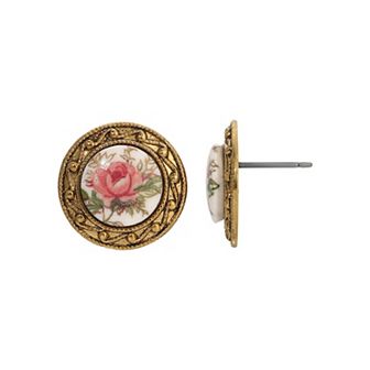 1928 Gold Tone White and Pink Rose Button Earrings
