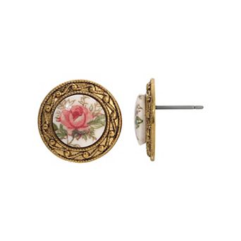 1928 Gold Tone White and Pink Rose Button Earrings