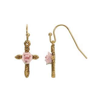 1928 Gold Tone Porcelain Rose Cross Drop Earrings