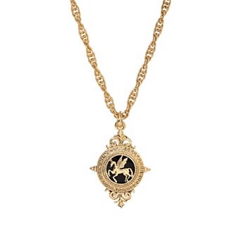 1928 Gold Tone Onyx Pegasus Pendant Necklace