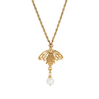 1928 Gold Tone Crystal Bee Pendant Necklace
