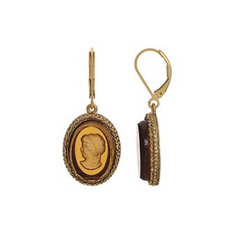 1928 Gold Tone Smoked Topaz Glass Intaglio Drop Earrings