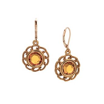 1928 Gold Tone Crystal Round Filigree Drop Earrings