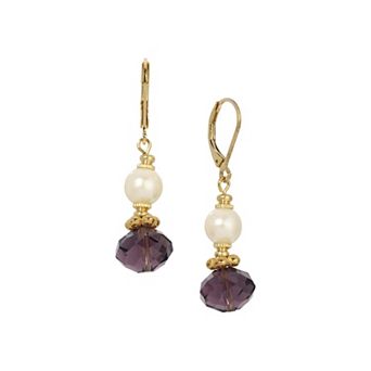1928 Simulated Pearl & Purple Crystal Bead Drop Earrings