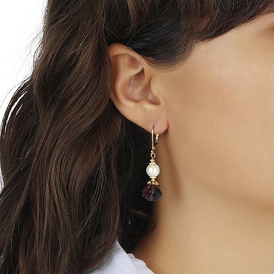 1928 Simulated Pearl & Purple Crystal Bead Drop Earrings