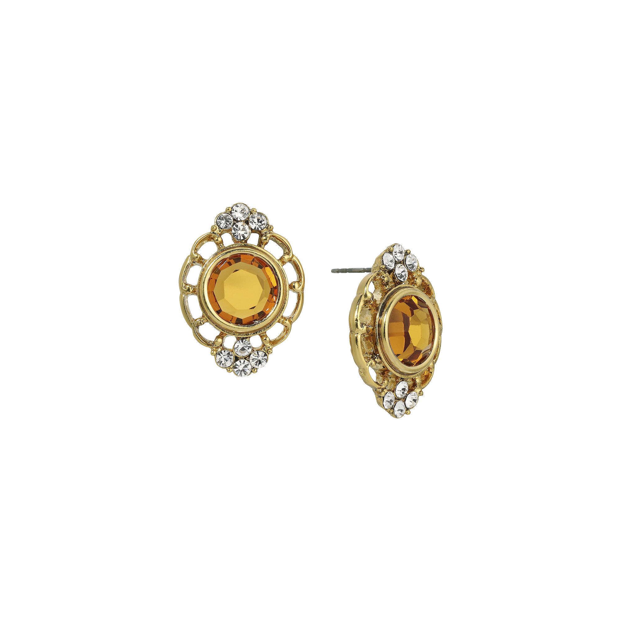 1928 Gold Tone Oval Filigree Button Stud Earrings, Womens, Beige