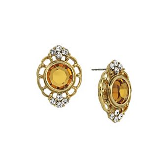 1928 Gold Tone Oval Filigree Button Stud Earrings