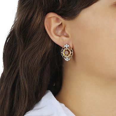 1928 Gold Tone Oval Filigree Button Stud Earrings