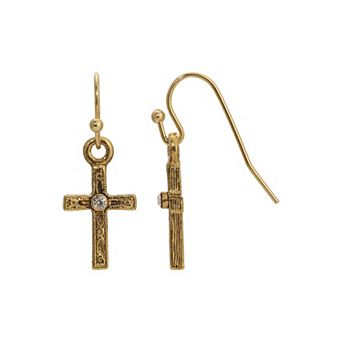 1928 Gold Tone Crystal Cross Drop Earrings