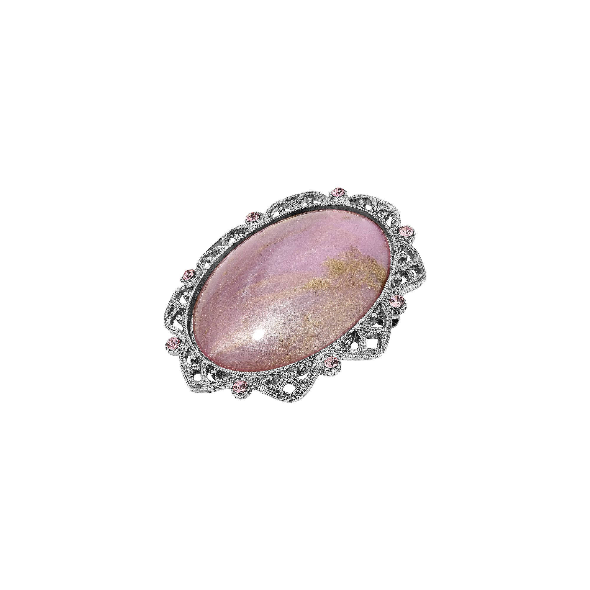 1928 Silver Tone Pink Stone Oval Pin, Womens