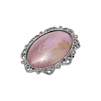 1928 Silver Tone Pink Stone Oval Pin