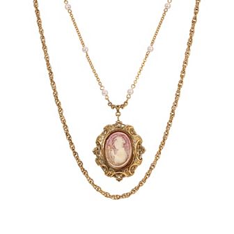 1928 Gold Tone Oval Carnelian Cameo Double Strand Necklace