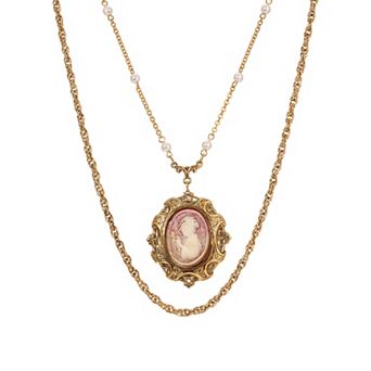 1928 Gold Tone Oval Carnelian Cameo Double Strand Necklace