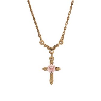 1928 Gold Tone Rose Cross Necklace
