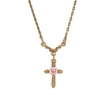 1928 Gold Tone Rose Cross Necklace