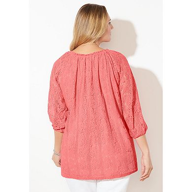 Catherines Women's Plus Size Stretch Lace Peasant Blouse