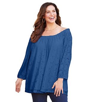 Catherines Women's Plus Size Stretch Lace Peasant Blouse