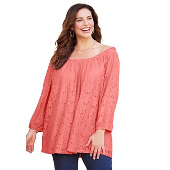Catherines Women's Plus Size Stretch Lace Peasant Blouse