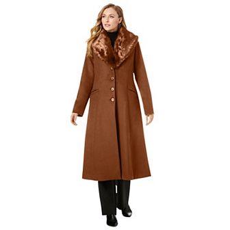 Jessica London Women's Plus Size Long Wool-blend Coat With Faux Fur Collar