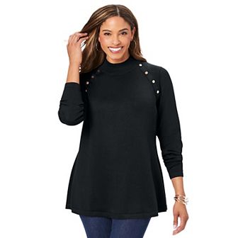 Jessica London Women's Plus Size Gold Button Mockneck Sweater
