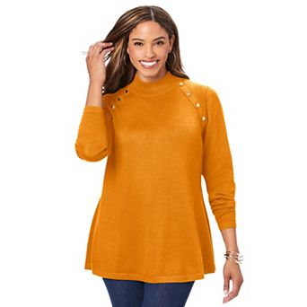 Jessica London Women's Plus Size Gold Button Mockneck Sweater