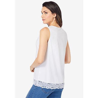 Roaman's Women's Plus Size Lace Trim Satin Tank
