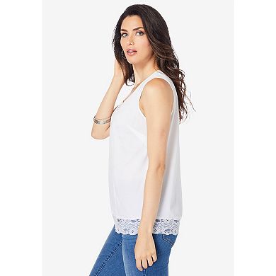 Roaman's Women's Plus Size Lace Trim Satin Tank